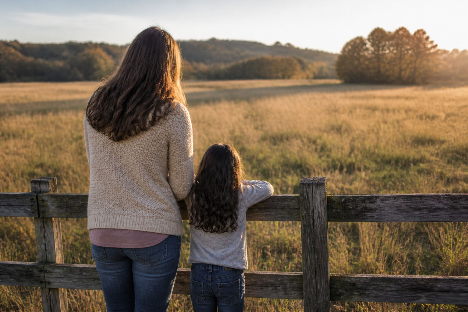 A parent and child looking out over an open field